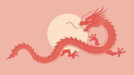 Fototapeta premium Cinematic portrayal of a dragon against a large sun in a simple background showing movement and grace in the design