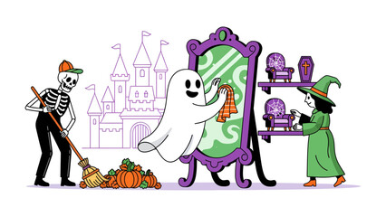Halloween Fun: A skeleton sweeps the floor, a ghost admires itself in a mirror, and a witch stands nearby amidst pumpkins and spooky decorations, all in front of a castle. © Rokaiya
