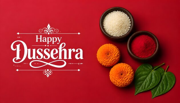 Vibrant Dussehra celebration with marigold flowers, green leaves, and traditional offerings in small wooden bowls on a red background with white festive text