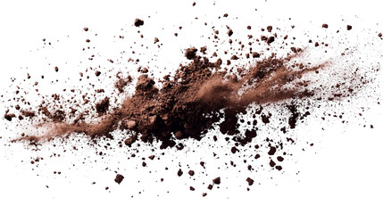Fototapeta premium Brown powder explodes on black background, dynamic composition with particles