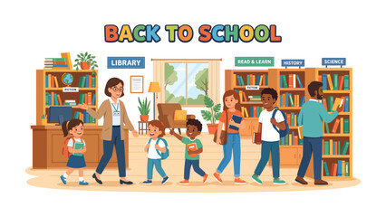 Back to School Scene: A vibrant illustration depicting students and teachers entering a library, surrounded by bookshelves filled with knowledge, ushering in the excitement of the new academic year. © Abu