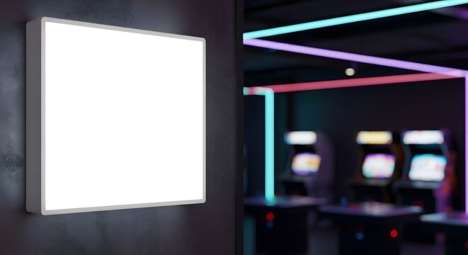 Blank square light box on a dark wall with blurred arcade game machines in the background, neon lights.