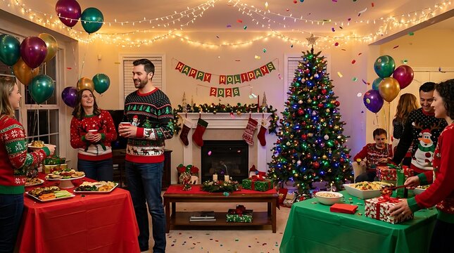Friends celebrating holiday party indoors with festive decorations and ugly sweaters.