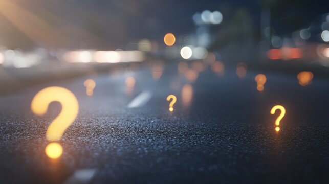 Questions appear on a dark road at night with blurred lights in the background