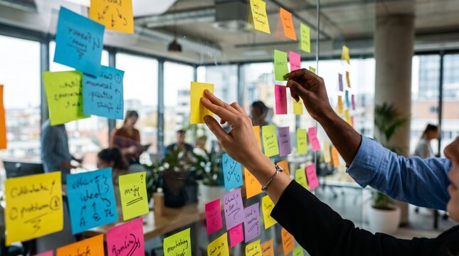 Business colleagues hand gestures during brainstorming session placing sticky notes on glass partition wall