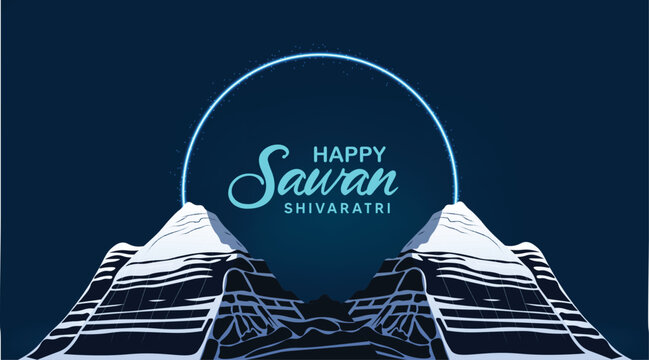 Happy Sawan Shivratri greeting featuring sacred mountains beneath glowing circle with divine serenity vector poster