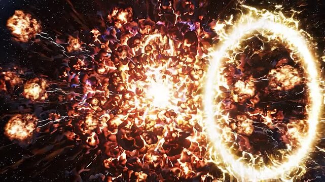 Cosmic Ignition A celestial spectacle unfolds with a brilliant explosion of cosmic matter igniting a fiery ring of energy in the vast expanse of space hinting at the birth of a new star