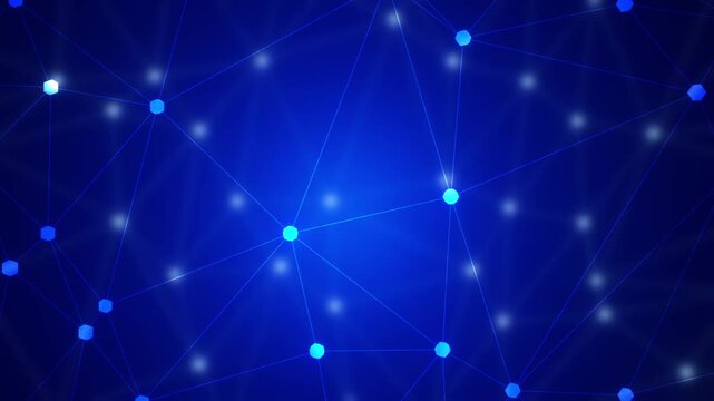 Abstract blue network background with hexagonal nodes and plexus depth of field