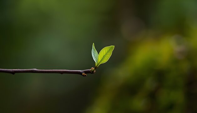 Small green leaves growing on a thin brown branch with a blurred green background symbolizing new life and nature's renewal.