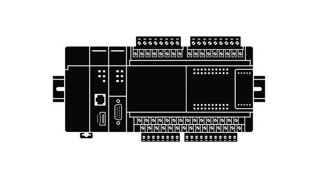 Technical illustration of a programmable logic controller showing electronic hardware components on a white background surface