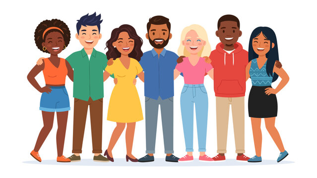 Diverse Group of Friends: A vibrant illustration of a diverse group of friends standing arm in arm, showcasing unity, friendship, and inclusion.