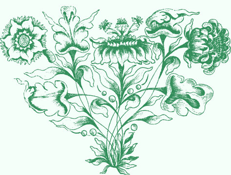Stipple engraving of a floral bouquet
