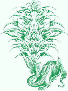 Stipple engraving of a dragon with ornate floral arrangement