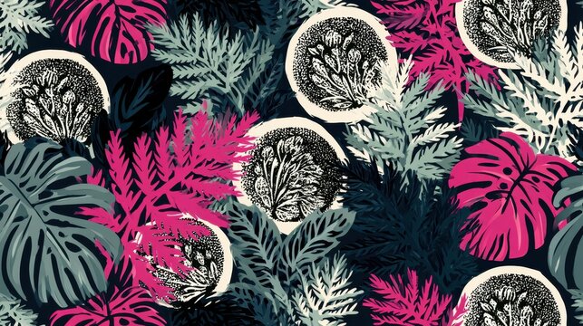 Seamless tropical pattern with pink fern leaves and circular botanical elements on dark background