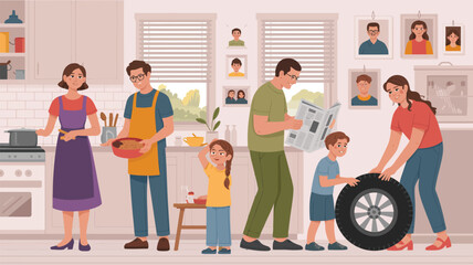 Fototapeta premium Multitasking Family Scene: A heartwarming illustration depicting a busy family engaging in various household activities. A mother cooks, a father prepares food, another father reads a newspaper.