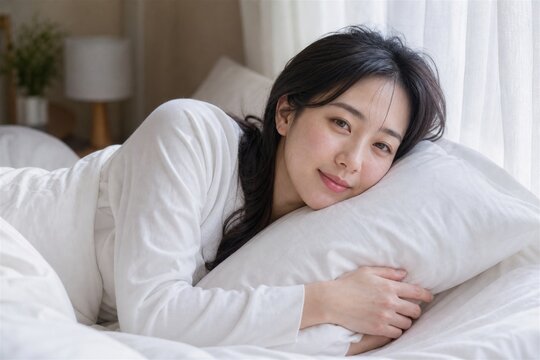 明るい寝室で枕を抱える白いパジャマの女性