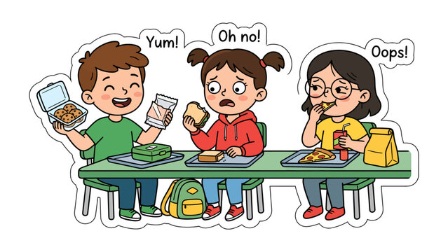 Lunchtime Adventures: Three children sit at a school desk, experiencing different emotions about their midday meals. One expresses delight, another dismay, and the third seems content with her food.