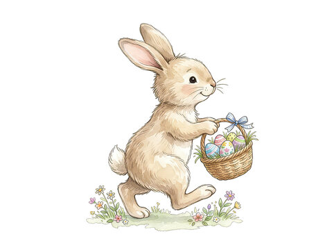 Cute fluffy brown bunny rabbit walking while holding a woven wicker basket filled with colorful decorated painted easter eggs and green grass elements depicted in a soft watercolor style on transparen