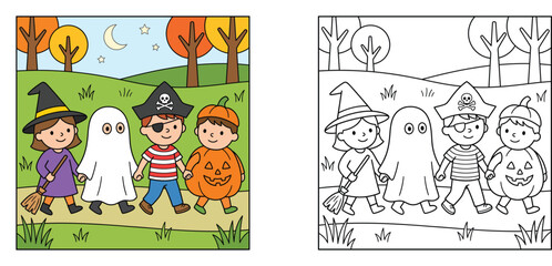 Naklejka premium Halloween coloring page for kids with cute children in costumes of witch ghost pirate and pumpkin, vector illustration with colored and outline black and white template