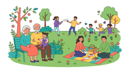 Naklejka premium Generations Together: A heartwarming illustration depicts a multi-generational family enjoying a sun-drenched picnic in a vibrant park.
