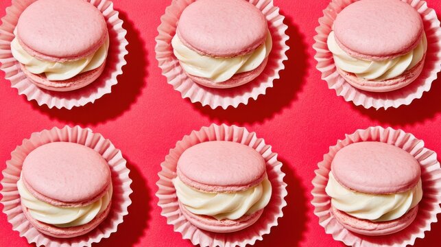 Pattern of pink macarons with white cream filling in paper liners on a solid red background, top view of sweet french cookies