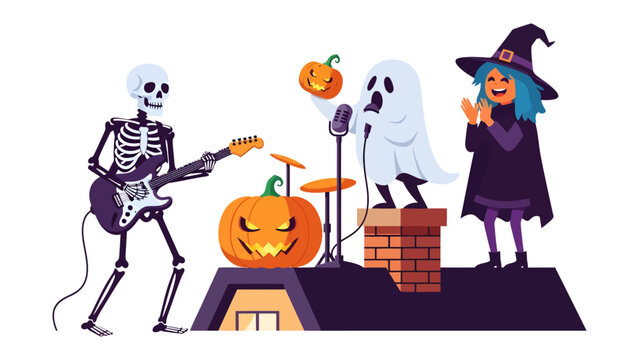 Halloween Rock Band: A spooky skeleton plays guitar, a ghostly singer croons into a microphone, and a witch claps along to the beat, all celebrating Halloween with a lively performance.