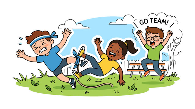Sack Race Mishap: Two children stumble during a spirited sack race, one falling comically while another laughs, as a third cheers them on, capturing the fun and chaos of childhood games.