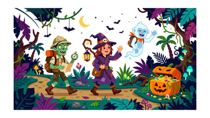 Fototapeta premium Halloween Adventure in the Jungle: A young witch, a zombie explorer, and a friendly ghost embark on a spooky jungle adventure, discovering a treasure chest filled with Halloween goodies.