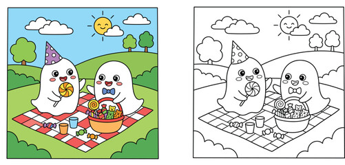 Naklejka premium Cute Cartoon Ghosts Picnic Coloring Book Page Vector Illustration, Friendly Ghost Characters with Candy Basket, Party Hat, and Gummy Bears on Checked Blanket, Kids Activity Worksheet