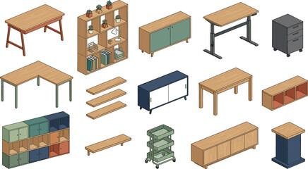 Modern Office Furniture Vector Collection with Wooden Desks Storage Cabinets Bookshelves Workstations Shelving Units and Interior Furnishing Elements © MstShahida