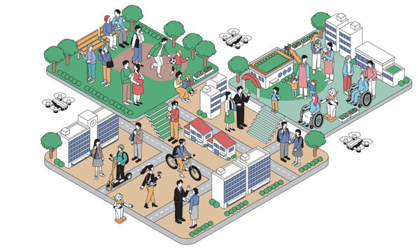 アイソメトリックな街と多世代の人々のイラスト　公園・オフィス・介護・AI・ドローン・スマートシティ