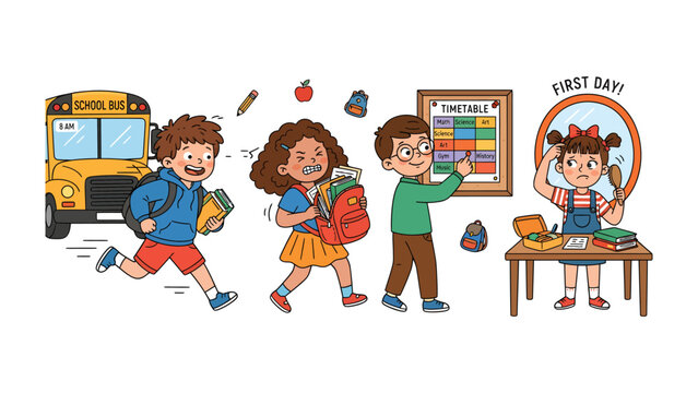 First Day of School Excitement: Young students are shown disembarking a yellow school bus, carrying backpacks and books, ready for their first day of learning.
