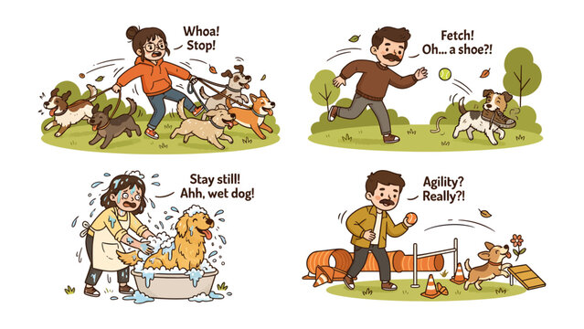 Dog Owner's Day: A four-panel illustration depicting the chaotic yet loving life of a dog owner, from managing multiple dogs on a walk to bath time and agility training.