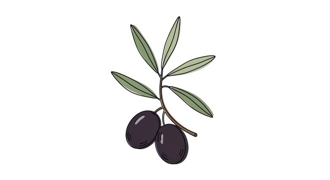 Olive branch illustration with two black olives and leaves on white backdrop