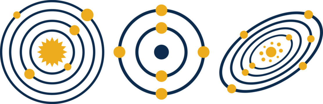 Solar system orbits vector set with concentric planetary models and astronomical galaxy paths