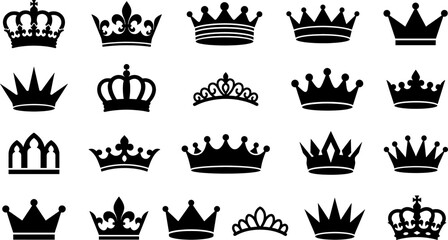 Crown icon vector set. Royal crowns silhouette collection for luxury logo design, king, queen, and princess tiara symbols isolated on white background. © zisun