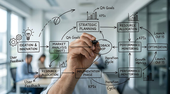 A person's hand drawing a detailed business strategy and planning flowchart on a transparent glass board in an office setting.
