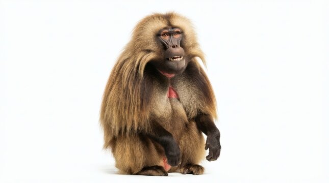 Adult male gelada baboon with thick mane sitting isolated on a clean white background