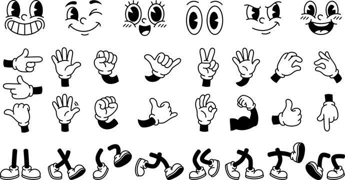 Vintage cartoon mascot creator kit, retro 1930s rubber hose character expressions, hands and legs vector set