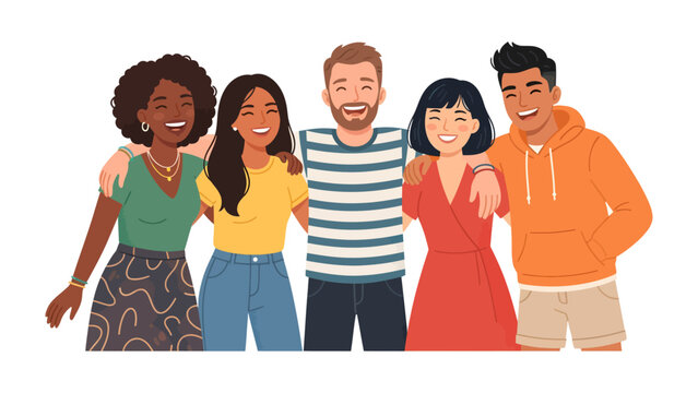 Diverse Group Embraces Togetherness: A vibrant group of five individuals, showcasing a spectrum of ethnicities and styles, stands arm-in-arm, radiating warmth and camaraderie.