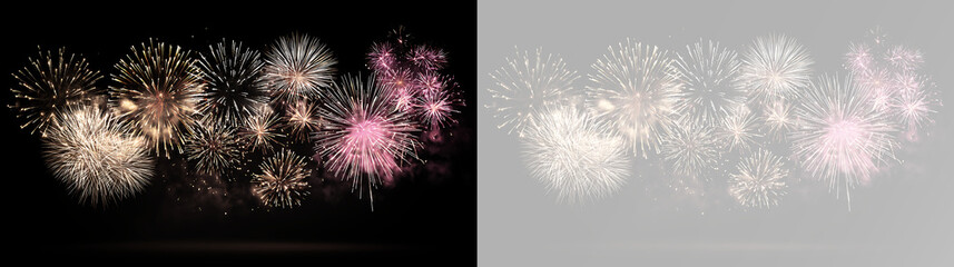 Fototapeta premium Fireworks golden pyrotechnics aerial shells colorful sparks explosion celebration holiday festival New Year anniversary pink white bursts PNG