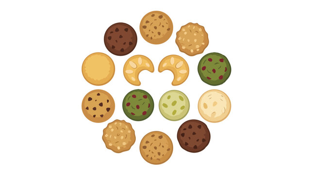 Assorted circular cookies and two crescent moon biscuits arranged in a circle.