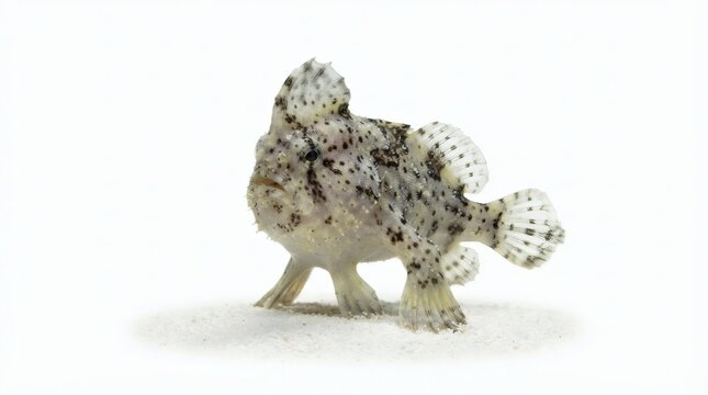 Striated frogfish Antennarius striatus standing on white sand isolated on white background