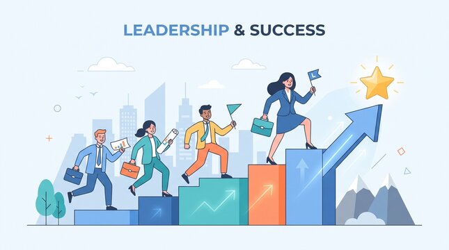 Business team guided by a female leader climbing a bar chart arrow toward a success star.