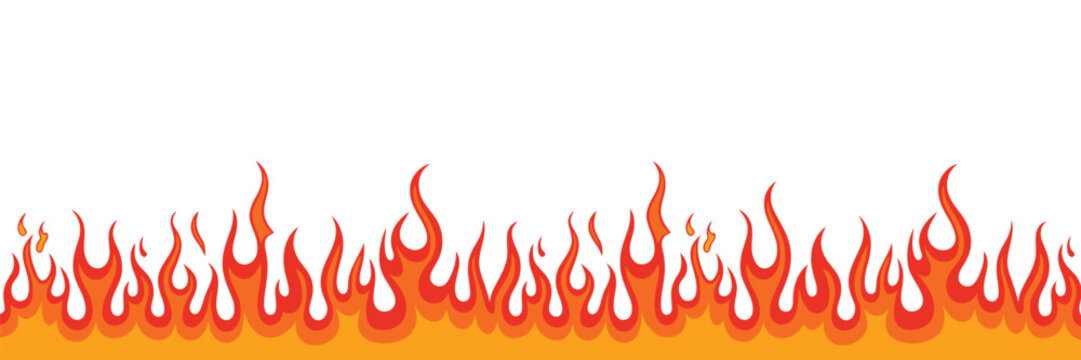 Fire border seamless pattern with flame line frame, decorative burning edges, repeating vector design for banners, posters and backgrounds