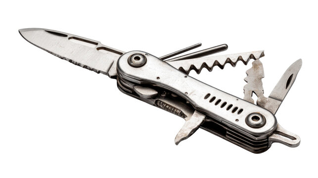 Folding stainless steel multitool pocket knife with screwdriver corkscrew opener survival equipment camping accessory isolated for catalog on white background
