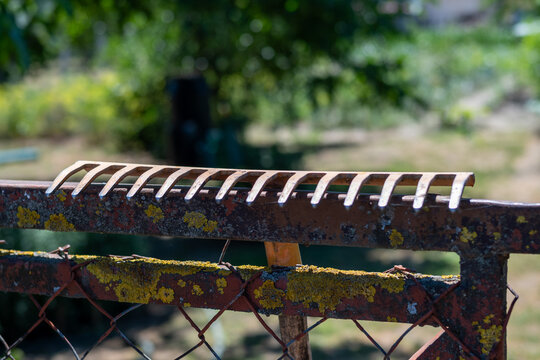 Old garden rake resting on a rusty metal fence in the countryside
