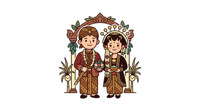 Couple in traditional Indonesian Javanese wedding attire.