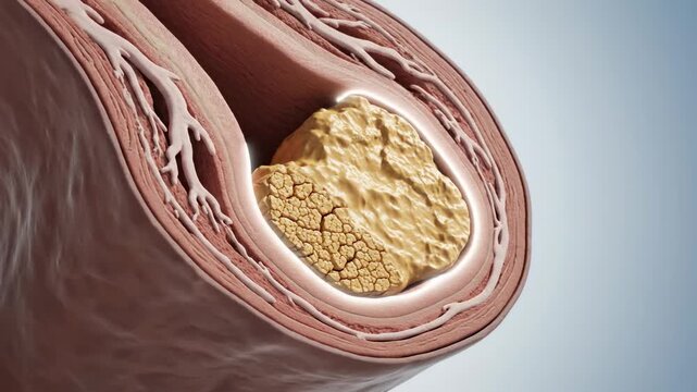Cross-section of a human artery showing gradual buildup of plaque with visible layers of arterial wall and surrounding tissues in a medical illustration
