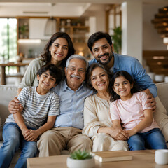 Obraz premium Happy multi-generational indian family sitting together on sofa at home smiling